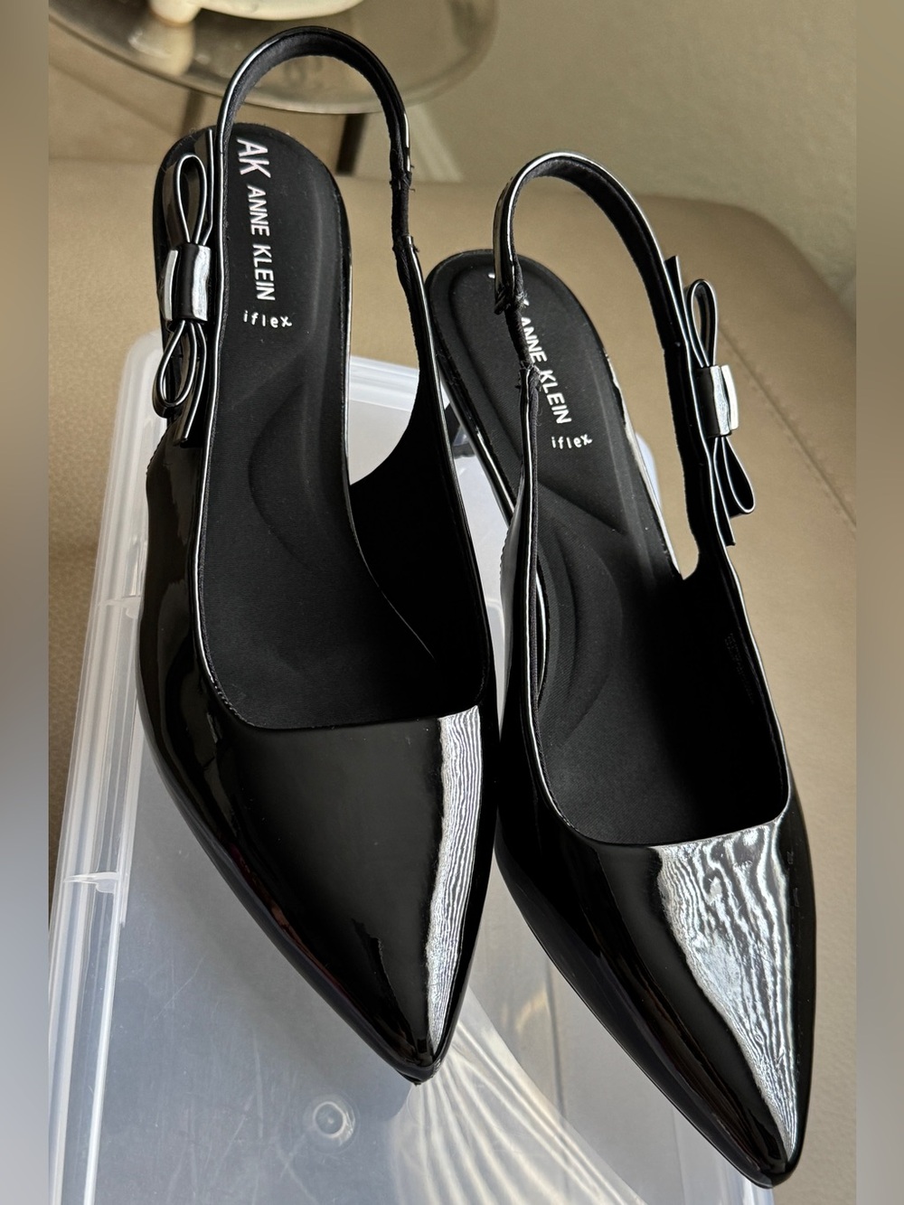 Anne Klein Black Patent Pointed-Toe Slingback Flats with Bow
